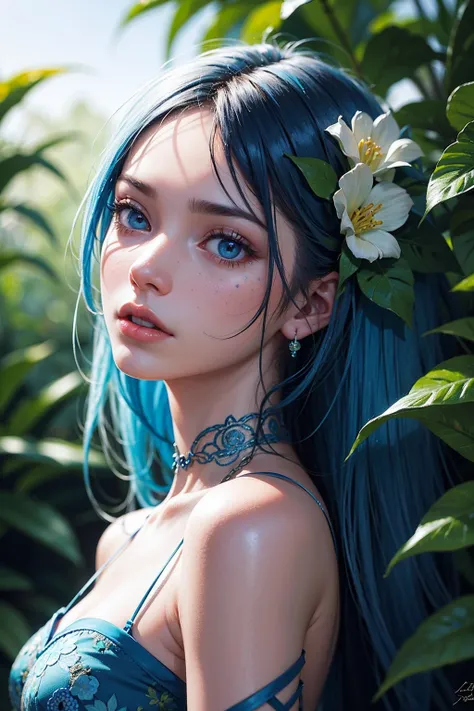 fashion photography portrait of blue human avatar, in blue lush jungle with flowers and birds, 3d render, cgi, symetrical, octane render, 35mm, bokeh, 9:16, (intricate details:1.12), hdr, (intricate details, hyperdetailed:1.15), (natural skin texture, hype...