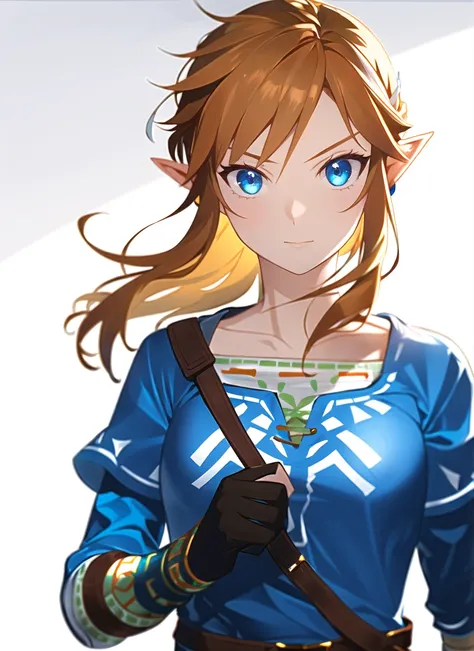link, the legend of zelda, the legend of zelda: breath of the wild, 1girl, blonde hair, blue eyes, gloves, long hair, female focus, pointy ears, ponytail, solo, ((masterpiece)) <lora:link_offset:1>