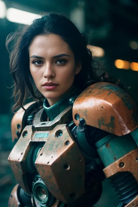 beautiful college girl in a hulking hydraulic biomechanical exoskeleton armored robot, sunset, sweaty, post-apocalyptic, long hair, cyberpunk, hyper detailed, detailed face (background inside dark, moody, private study:1.3) (full body:1.2) <lora:epiNoiseof...