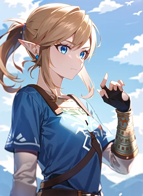 link, the legend of zelda, the legend of zelda: breath of the wild, 1girl, blonde hair, blue eyes, gloves, long hair, female focus, pointy ears, ponytail, solo,  ((masterpiece)) <lora:link_offset:1>