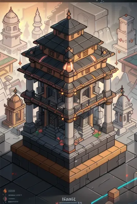 knollingcase, isometic render, an ancient indian temple, isometric display case, knolling teardown, transparent data visualization infographic, high-resolution OLED GUI interface display, micro-details, octane render, photorealism, photorealistic