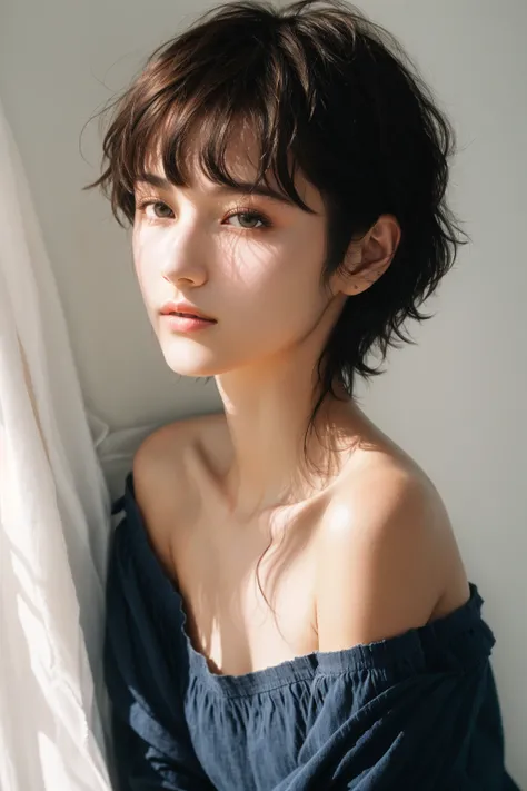 <lora:FilmGirl:0.6>, fashion photography portrait of 1girl, offshoulder, fluffy short hair, in the dark, deep shadow, low key, (photorealistic:1.4), raw photo, soft light, rim light, ultra high res, 4K, Best quality, masterpiece