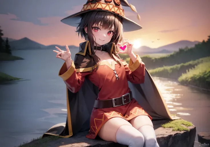 masterpiece,best quality, (Highest picture quality), (Masters work),(8K wallpaper),
extremely detailed, perfect lighting,highres,reality ray tracing,
1girl,Megumin,megumins style,sunset,cape,hat
smile,(heart hands:1.2),sitting on stone,forest,river,butterf...