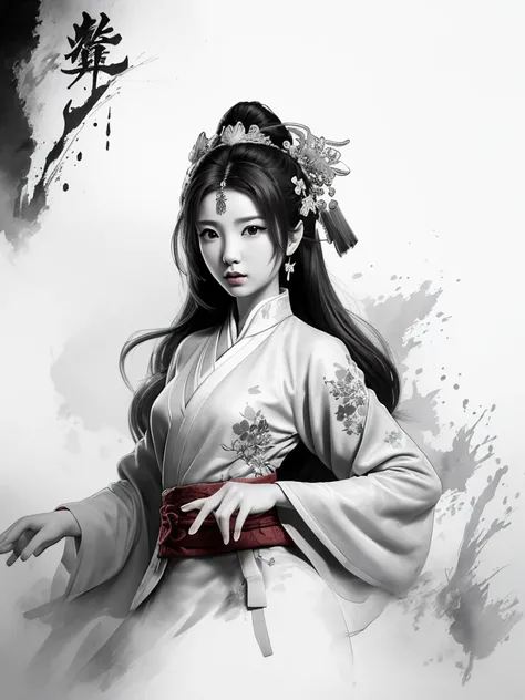 dramatic angle,(fluttered detailed ink splashs), (illustration),(((1 girl))),(long hair),(rain:0.6),((expressionless ,Carmine hair ornament:1.4)),(There is a palace far away from the girl),chinese clothes,((focus on the girl)), color Ink wash painting,(ink...