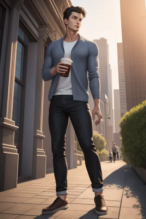 (masterpiece), (best_quality), (ultra-detailed), (illustration), (welcoming)1boy, ruggedly handsome, modern clothes, casual, walking in a city park, drinking a beverage, nice hands, (full body:1.4), official art, vivid color, finely detailed, hyper detaile...