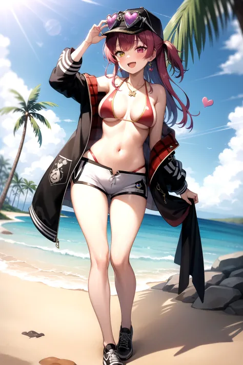 2d, masterpiece, best quality, anime, highly detailed, full body, 1girl, solo, marine_beach, red bikini, white shorts, jewelry, black jacket, baseball cap, heart-shaped eyewear, heterochromia, beach, dynamic pose, :d, island, waves, palm tree, towel <lyco:...