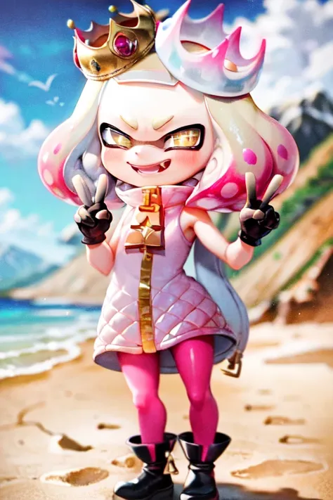 masterpiece, best quality, splatoon, (pearl:1.2), mountain background, standing, full body, solo, tentacle hair, crown, peace signs