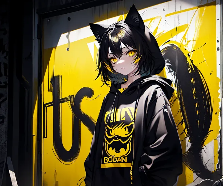 (best quality, masterpiece), (1girl, solo, cat ear black hood, standing, yellow eyes, black hair, leaning, upper body), (less light, black yellow room, Yellow graffiti behind, disorderly spray cans),