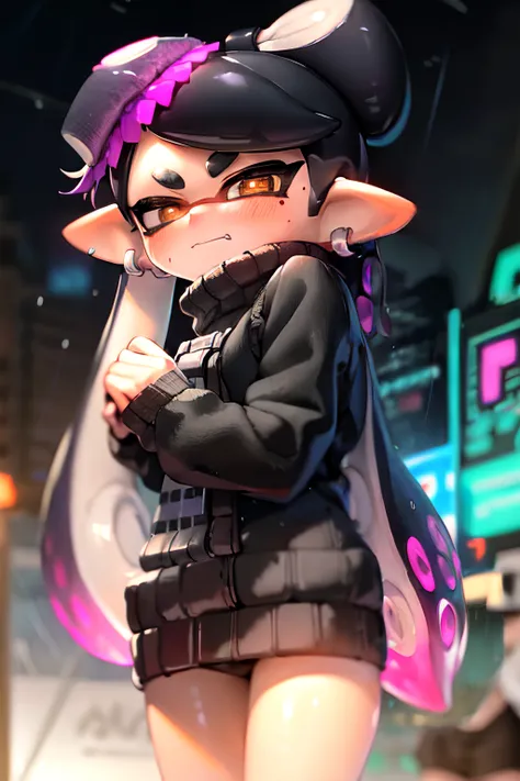 masterpiece, best quality, callie,  splatoon, (cyberpunk city background), neon lights, (raining), wet, water, sad, sfw, oversized black sweater, purple design on sweater, long hair, tentacle hair