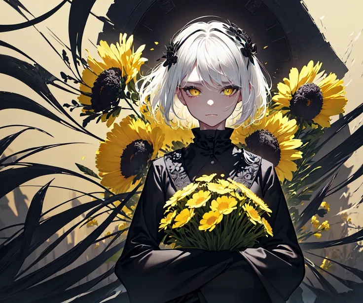 (best quality, masterpiece), (1girl, solo, black suit, standing , looking at viewer, white hair, yellow eyes, closed mouth, upper body), (giant black bouquet background, floral_background)