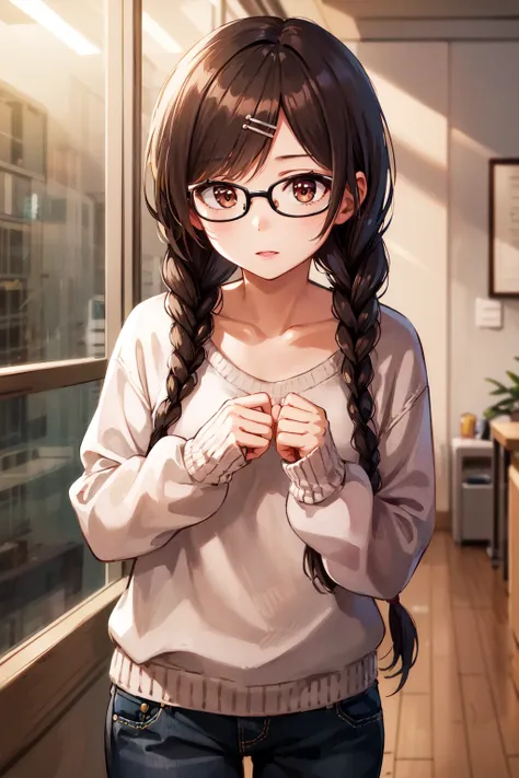 masterpiece, best quality, highres, chi1, 1girl, twin braids, twintails, solo, hair ornament, hairclip, glasses, twin braids, pa...