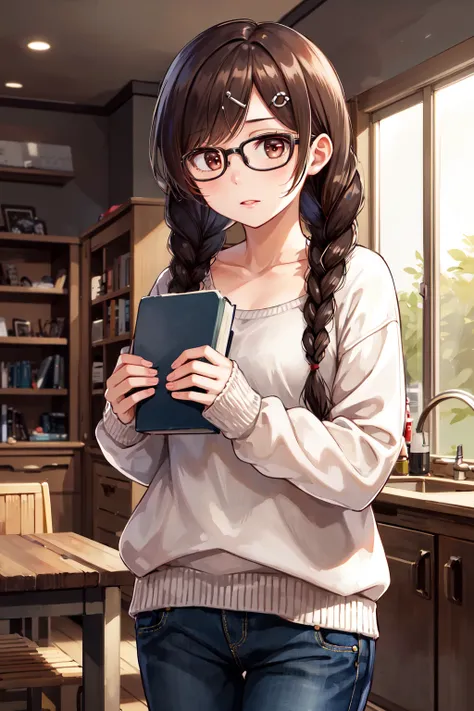 masterpiece, best quality, highres, chi1, 1girl, twin braids, twintails, solo, hair ornament, hairclip, glasses, twin braids, pa...