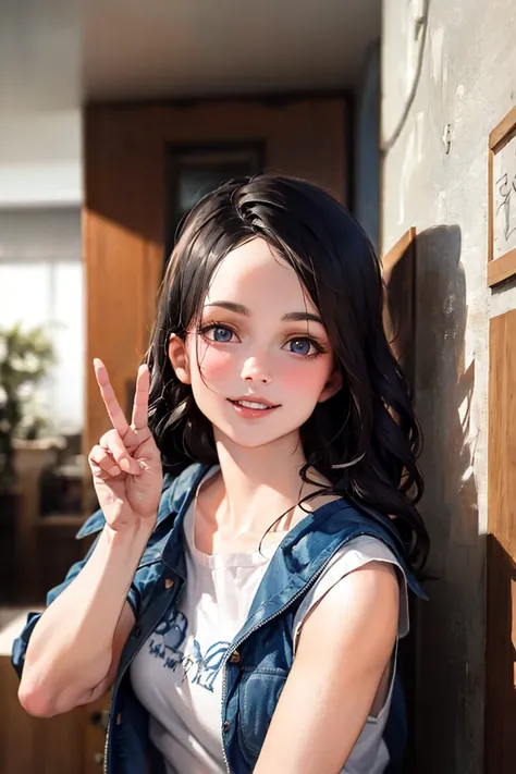 peace, sign, smile, upper body portrait, (RAW photo, best quality), (realistic, photo-realistic:1.3), masterpiece, an extremely delicate and beautiful, extremely detailed, CG, unity , 2k wallpaper, Amazing, finely detail, light smile, extremely detailed CG...