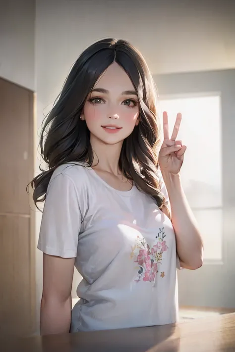 peace, sign, smile, upper body portrait, (RAW photo, best quality), (realistic, photo-realistic:1.3), masterpiece, an extremely delicate and beautiful, extremely detailed, CG, unity , 2k wallpaper, Amazing, finely detail, light smile, extremely detailed CG...