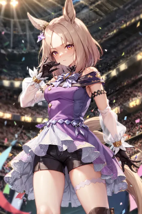 masterpiece, best quality, 
narita top road (umamusume),
grass, stadium, confetti,
standing, sweatdrop, hand up, looking down,
ear cover, star hair ornament, brooch, sleeveless dress, purple dress, white bow, mismatched gloves, white gloves, black gloves, ...