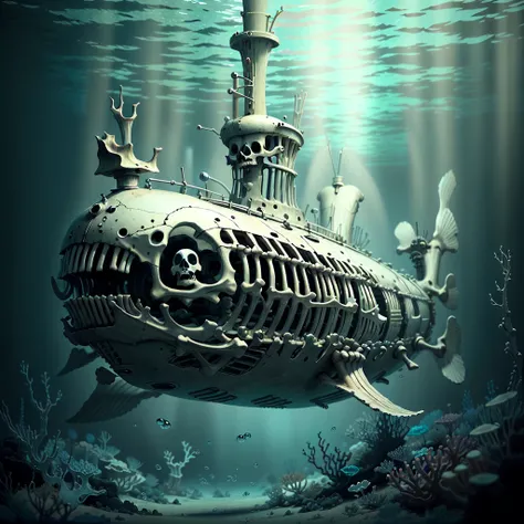 <lora:BoneyardAI-000011:1>, BoneYardAI submarine, underwater