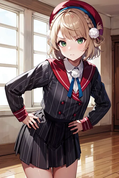 masterpiece, best quality, highres, ui1, 1girl, solo, hair rings, green eyes, pom pom hair ornament, sailor collar, long sleeves, striped jacket, braid, vertical_striped skirt, vertical stripes, beret, <lora:shigure_ui_v2:0.6> , cowboy shot, indoors, frown...