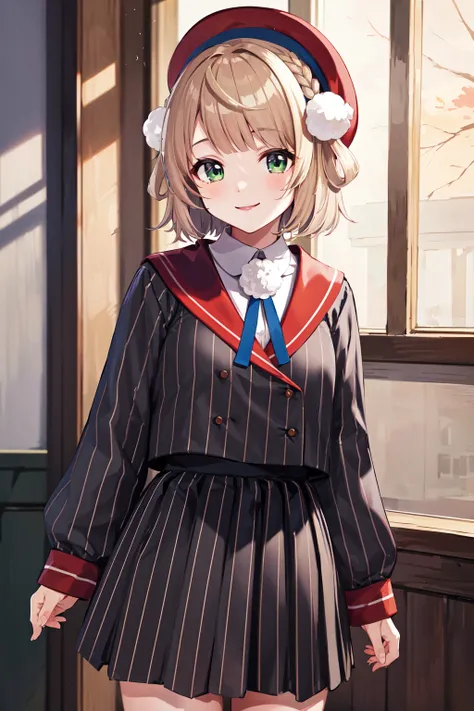 masterpiece, best quality, highres, ui1, 1girl, solo, hair rings, green eyes, pom pom hair ornament, sailor collar, long sleeves, striped jacket, braid, vertical_striped skirt, vertical stripes, beret, <lora:shigure_ui_v2:0.6> , cowboy shot, smile,