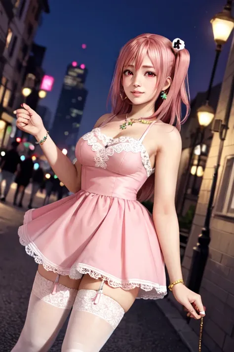 <lora:doa_honoka:0.7> honoka, pink dress, lace trim, white thighhighs, nice, jewelry, princess, masterpiece, city streets, night