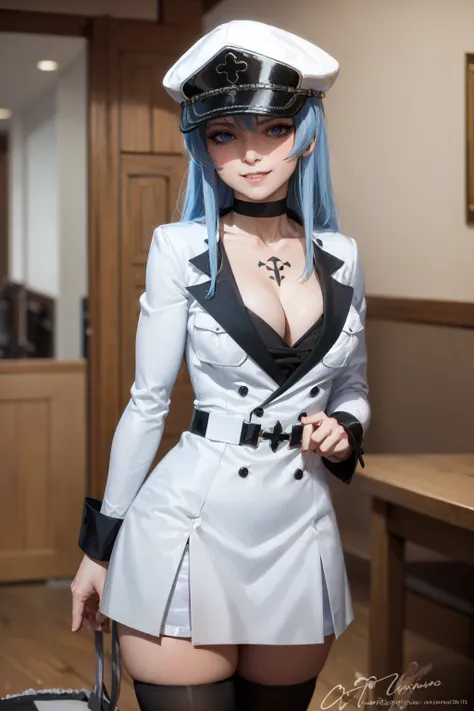 (masterpiece, best quality:1.2), <lora:agk_charpack-10:1.0>, cowboy shot, solo, 1girl, esdeath, evil grin, looking at viewer, long blue hair, white peaked cap, blue eyes, white military uniform, long sleeves, white thighhighs, choker, cleavage, large breas...