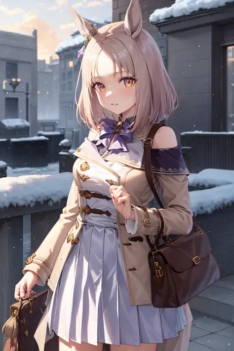 masterpiece, best quality, 
narita top road (umamusume),
winter, snow, outdoors, 
ear cover, star hair ornament, trench coat, brown coat, shoulder bag, white bowtie, horseshoe ornament, purple skirt, pleated skirt, 
<lora:narita_top_road_loha:0.7>