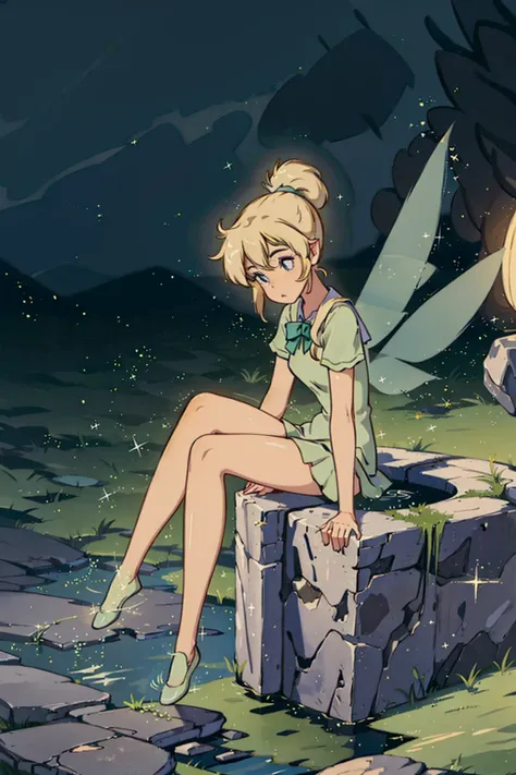 (masterpiece, best quality, high resolution:1.4), analog, photorealistic, 1girl, tinker bell, short ponytail, two fairy wings, school uniform, sitting on stone, feet in water <lora:TinkerBell_v1:1>