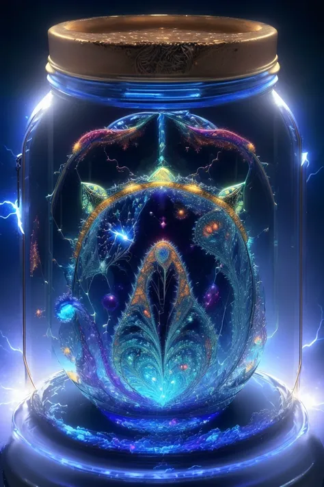 <lora:girlsInGlassJars_v3:0.6>, (in glass jar:1.2), (highres, masterpiece, perfect lighting), 
((( electricity, fractal, organic, virus, intricate, cosmic))),
night sky,(demon eye:0.5),