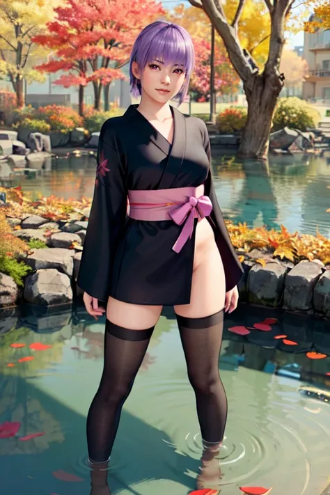<lora:doa_ayane:0.7> ayane, black yukata, standing in shallow water, pond, beautiful, fall, falling leaves