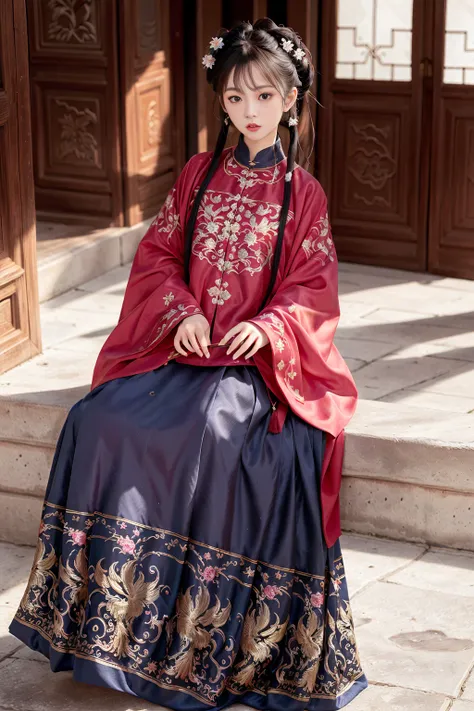 (8k, best quality, masterpiece:1.2), (realistic, photo-realistic:1.2)1girl,perfect face, perfect eyes,pureerosface_v1, hanfu, ming style, ming dynasty, ming clothing,pink top, black bottom,<lora:hanfu_v30:0.6>