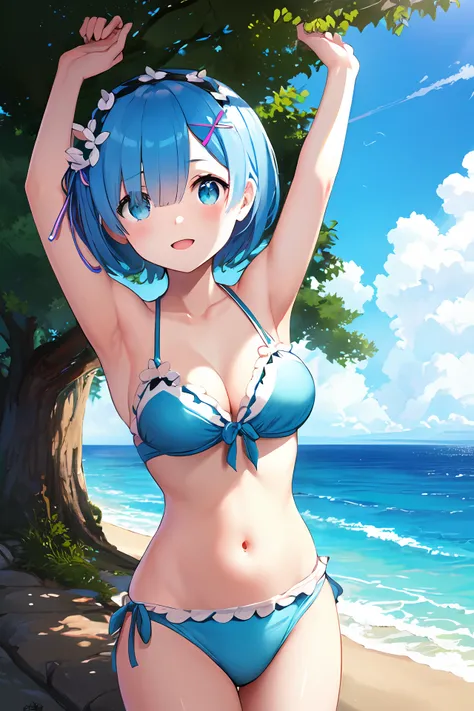 <lora:rem-t1-000006:0.8>, (masterpiece:1.6, best quality), (finely detailed beautiful eyes: 1.2), ph_rem, remhd, 1girl, blue hair, solo, blue eyes, , maid, ocean,  bay, sunlight, trees, wave,  arms up, bikini, swimsuit