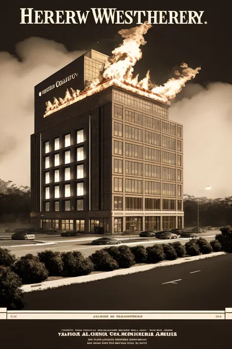 (masterpiece), (best quality), (detailed), (highres), <lyco:npzw-05:1.0>, npzw, (text:1.1), monochrome, sepia, data center building with company name on it, on fire