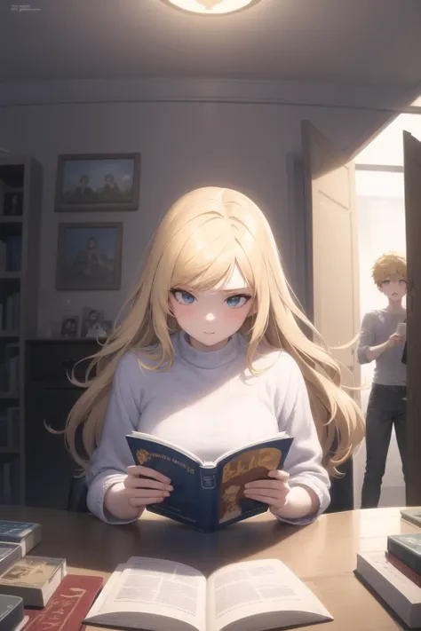 <lora:caught_cheating_v0.3d:1.0> 
1girl, blonde hair, blue eyes, reading, table, door, 1boy, caught, pov, sitting, masterpiece, best quality, highly detailed