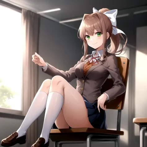 2d, masterpiece, best quality, anime, highly detailed, full body, 1girl, solo, monika, green eyes, brown hair, ponytail, hair bow, white bow, school uniform, blazer, brown sweater, red ribbon, sitting, on chair, classroom, smile <lyco:doki doki literature ...