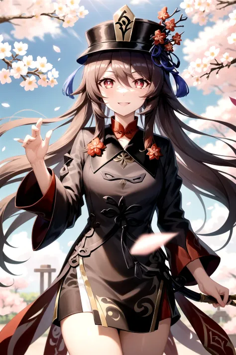 2d, masterpiece, best quality, anime, highly detailed, perfect lighting, cowboy shot, feet out of frame, 1girl, solo, standing, (hu tao (genshin impact)), symbol-shaped pupils, flower-shaped pupils, hat, red flower, red eyes, cherry blossoms, smile <lora:h...