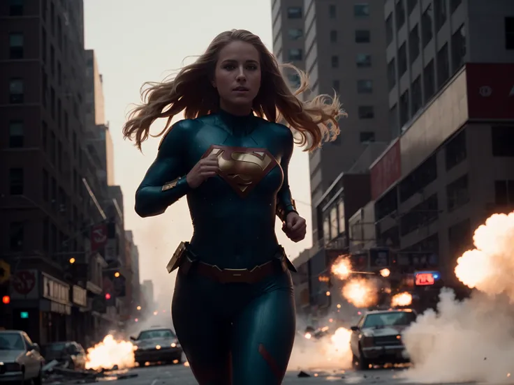 (35mmstyle:1), analog style, film-like, raw, hip level shot, (1980s [DC|MARVEL] film still of beautiful blonde haired female super hero, wearing tight-fitting super hero costume), running through the abandoned streets of 1980s New York City, action shot, c...