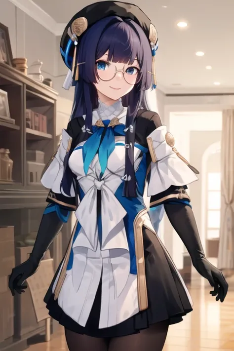 ((masterpiece, best quality)), very detailed,1girl,smile,standing,indoors,medium breasts,bow breasts, beret, pela, honkai star rail, black_gloves, black_headwear, black_legwear, blue_eyes, dress, glasses, gloves, hat, long_hair, looking_at_viewer, pantyhos...