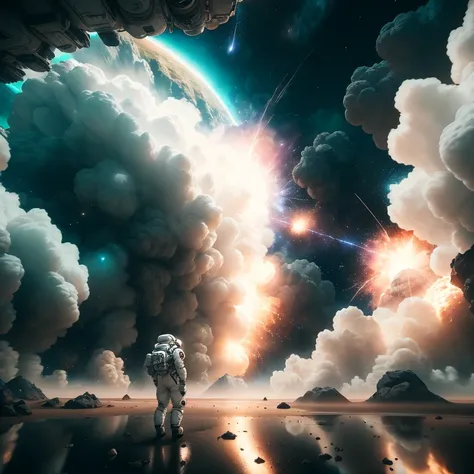 photo, tropicalastronaut style a man in a space suit standing in front of an explosion <lora:djzjohnsondesuv15-zenkai-256:1>