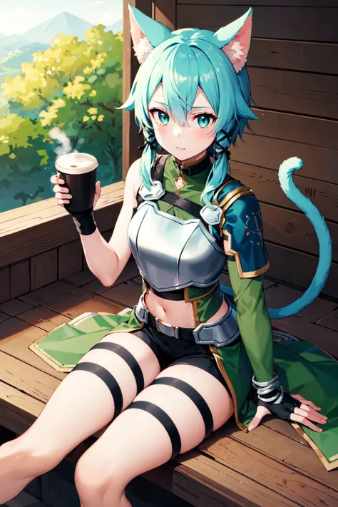 masterpiece, best quality, highres, 1girl, sinon1, animal ears, black ribbon, black shorts, breastplate, hair ribbon, short shorts, cat tail, midriff, fingerless gloves, thigh strap, sidelocks, green armor, shoulder armor, <lora:sinon:0.7>, sitting, coffee...