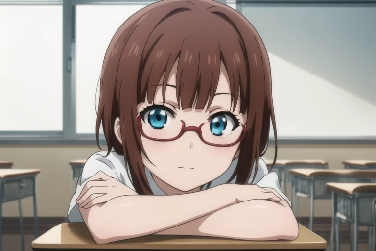 2d, masterpiece, best quality, anime, highly detailed eyes, highly detailed face, highly detailed background, perfect lighting, (1girl, kousaka yukiho, blue eyes, dark red hair), <lora:yukiho:0.6>, glasses, classroom, looking at viewer