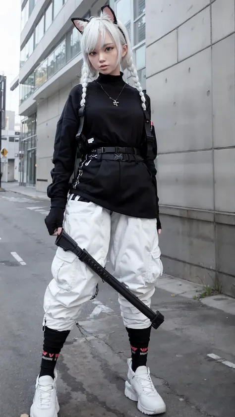 urbansamurai, masterpiece, best quality, beautiful face, fullbody, a woman with cat-ears, wearing bodysuit and trousers with buckle and tape, (holding an automatic rifle), crystal necklace, posing for a picture, multiple braids, beautifully color-coded, be...