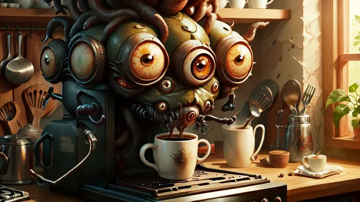 Coffee Machine in a kitchen
 <lora:ManyEyedHorrorAI:0.8> ManyEyedHorrorAI  <lora:funnyCreatures:0.45> fantz monster design