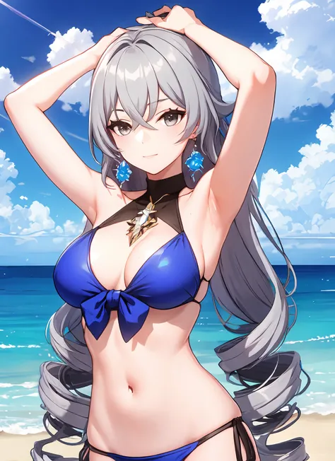 <lora:B-t1-000007:0.7>, ph bronya, 1girl, solo, jewelry, earrings, long hair, grey hair,  drill hair, grey eyes, bay, ocean, bikini, arms up,