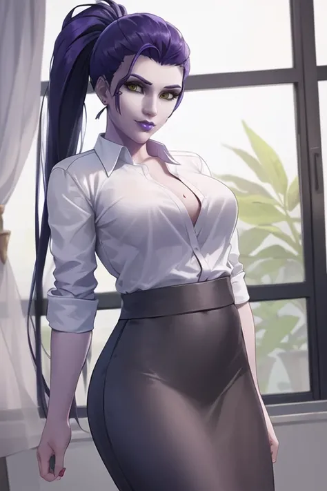 widowmaker, looking at viewer, ponytail, purple skin, dressed in office suit, pencil skirt, white shirt, office, dim light, <lora:widowmakerOverwatch_v2:0.7>, best quality