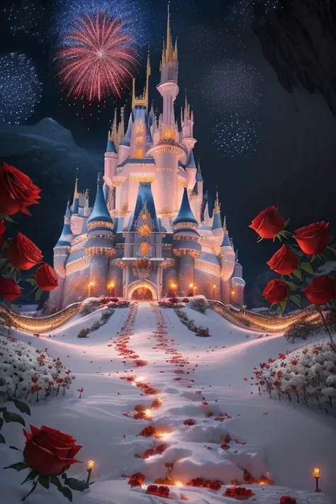 CG rendering of delicate scene, view from below, (many tall red roses:1.2), white snow ground, transparent night, big fireworks blooming in the starry blue sky, white disney castle on cliff, beautiful night, soft moonlight, deep details, clear details, ult...