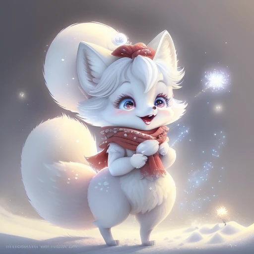 pixar style, a cute and sweet happy white fairy fox, Wearing a red scarf, singing, blue eyes long eyelashes, Happy sweet smile, open mouth.shiny snow white fluffy, fluffy tail, fairy tale, fireworks shine, bright color, natural light, face focus <lora:Fair...