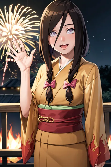 masterpiece, absurdres , (intricate details), (colorful),cinematic lighting,bust shot,extremely detailed CG unity 8k wallpaper ,hana, smile, :d , flame print kimono, outdoors, fireworks, railing, obi, hair bow, waving,