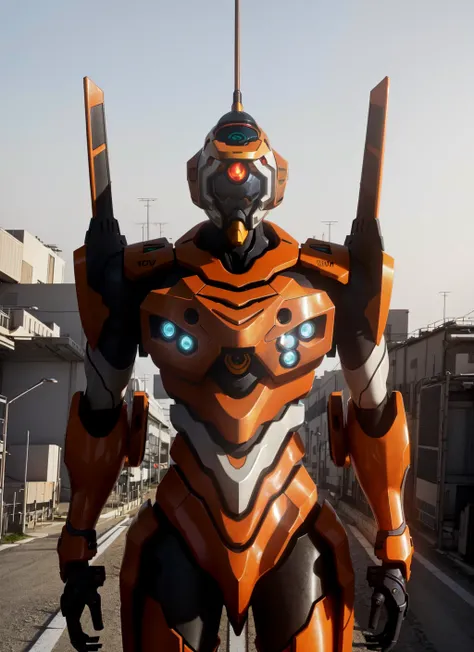 ((eva 00), evagod:1.1), evagenlion, Concept Design, sci-fic character design, SCIENCE FICTION, advanced giant robot, metal and Ceramic Mecha, Accurate head details, high-tech, huge android, (outdoors, red sky, orange clouds, Sunlight), global illumination,...