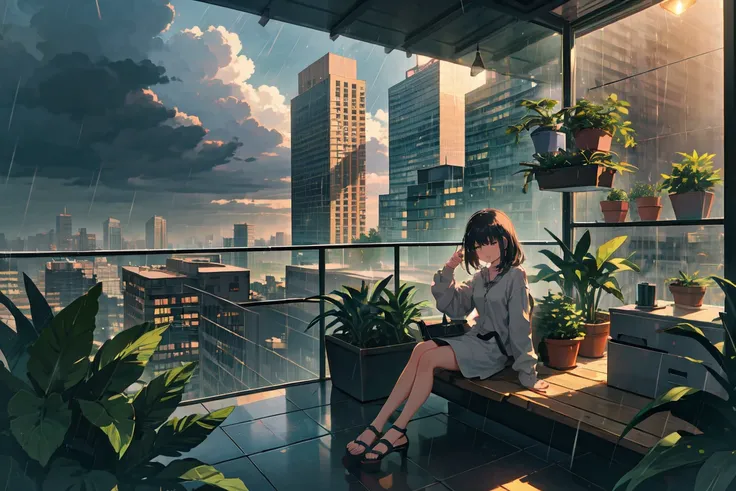 1girl, solo, black_hair, building, city, cityscape, cloud, cloudy_sky, grey_sky, holding, house, outdoors, overcast, plant, potted_plant, rain, rooftop, sandals, scenery, sitting, sky, skyscraper, solo, tree, dim, (night),