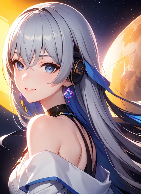 ph bronya, 1girl, solo, jewelry, earrings, long hair, grey hair, bangs, drill hair, bare shoulders, grey eyes, (off shoulder:1.1), (masterpiece:1.6, best quality), (finely detailed beautiful eyes: 1.2), ultra-detailed, illustration,beautiful detailed eye...