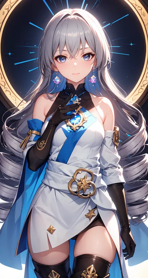 <lora:B-t1.1-000007:0.7>, ph bronya, 1girl, solo, jewelry, earrings, long hair, grey hair, bangs, drill hair, bare shoulders, grey eyes, thigh boots, thighhighs, hair between eyes, boots, elbow gloves,sleeveless, black gloves, twin drills, belt, leggings, ...